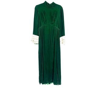 Vintage 60s Lorrie Deb Velvet Maxi Dress 11/12 Victorian Boho Regency Lace Bow